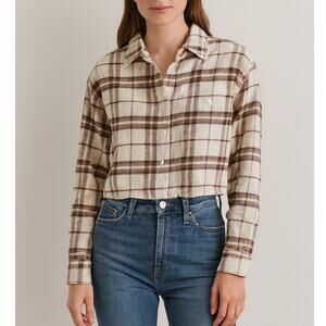 American Eagle Cozy Cabin Cropped Flannel Button-Up Shirt Brown White Medium